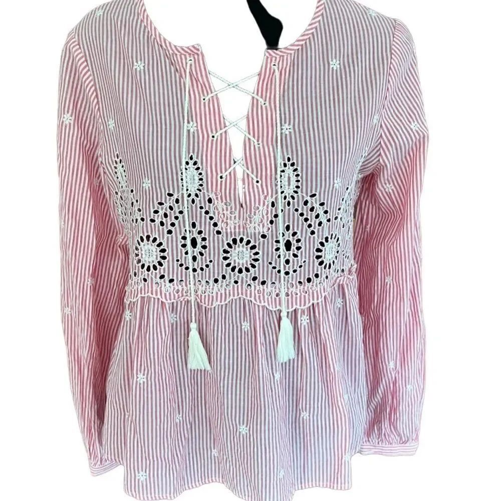 GAP pink/white striped lace up top with tassel tie and eyelet & embroidery sz XS
